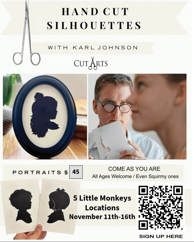 Hand-cut silhouette portraits with Karl Johnson at Five Little Monkeys.