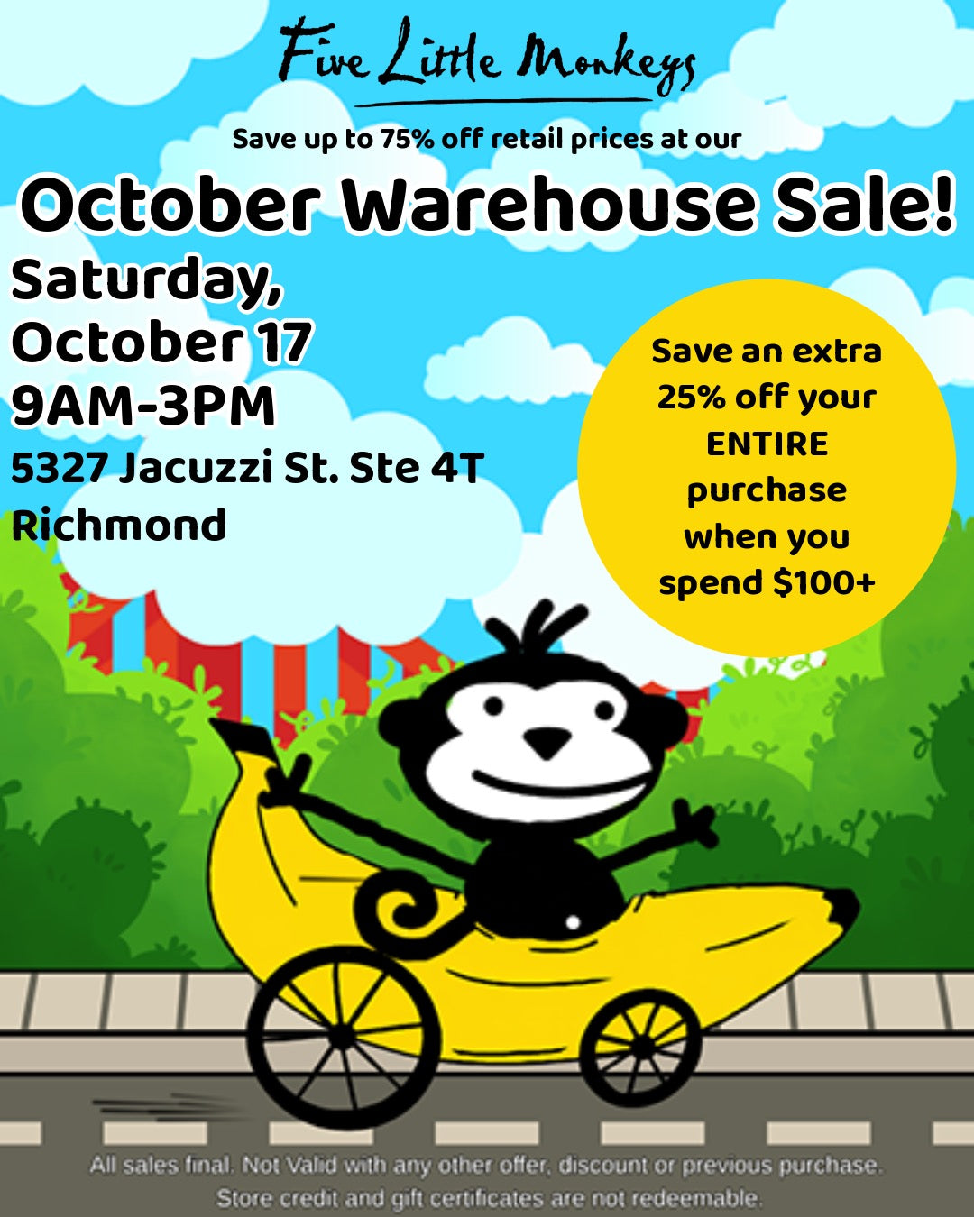 October warehouse sale flyer for Five Little Monkeys.